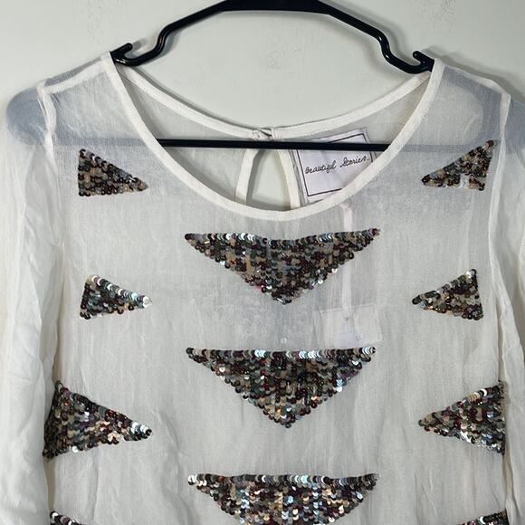 Beautiful Stories‎ Off White Sheer Sequin Patch Long Sleeve Blouse Size XS - Picture 2 of 8
